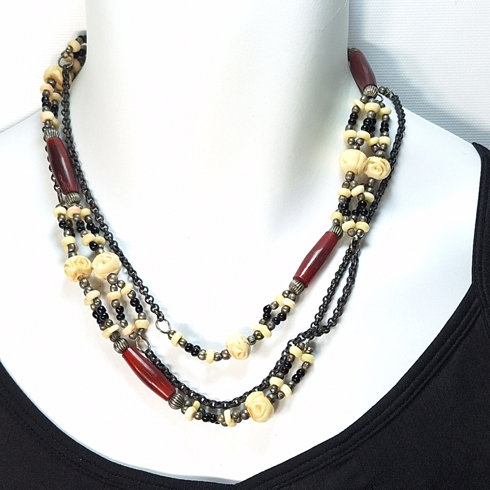 Hand Carved Bone Silver Metal Chain Infinity Necklace